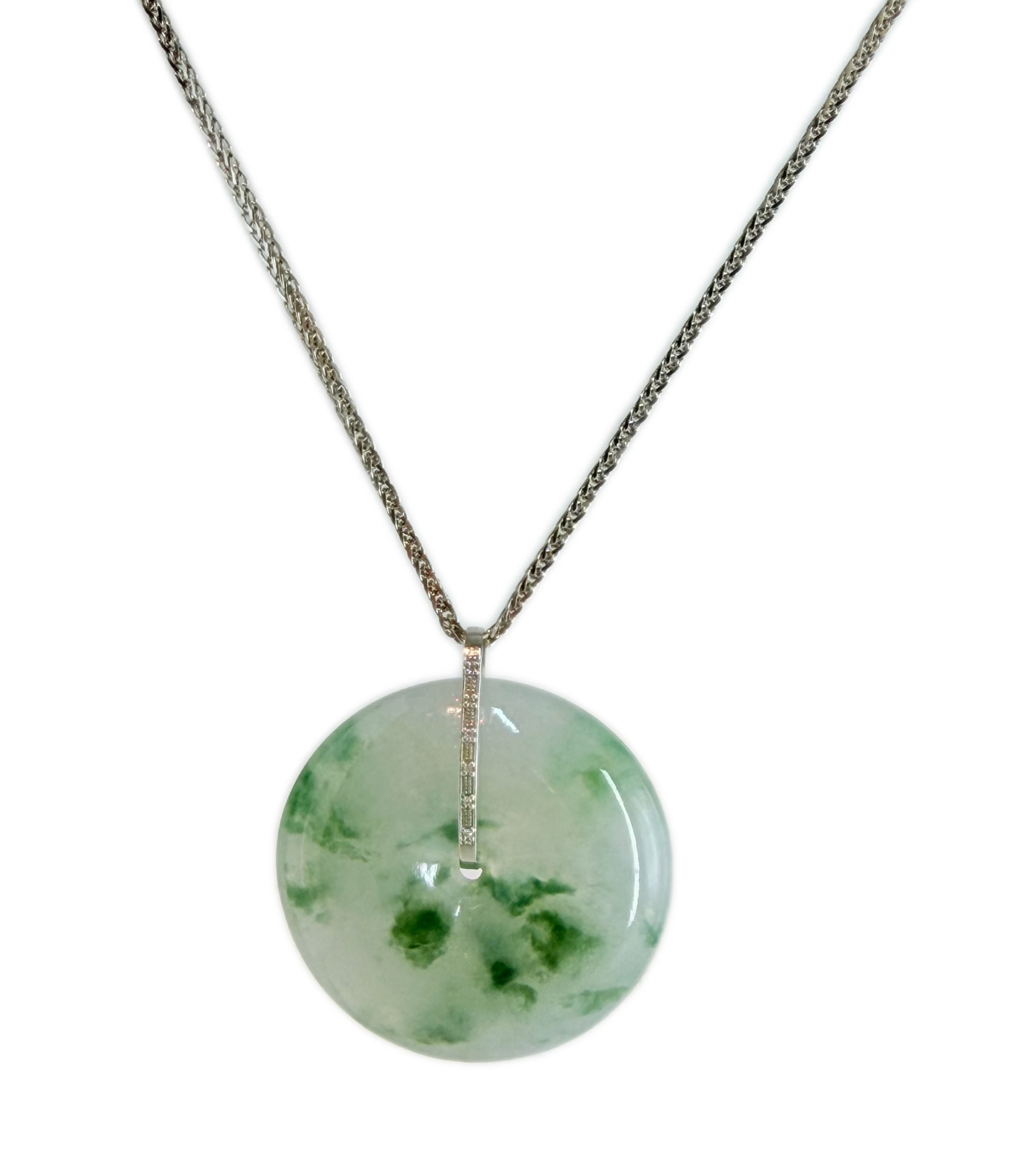 Natural Icy Green Floating Flower Ping An Kou Jadeite Pendant With 18k Gold Diamond Bail