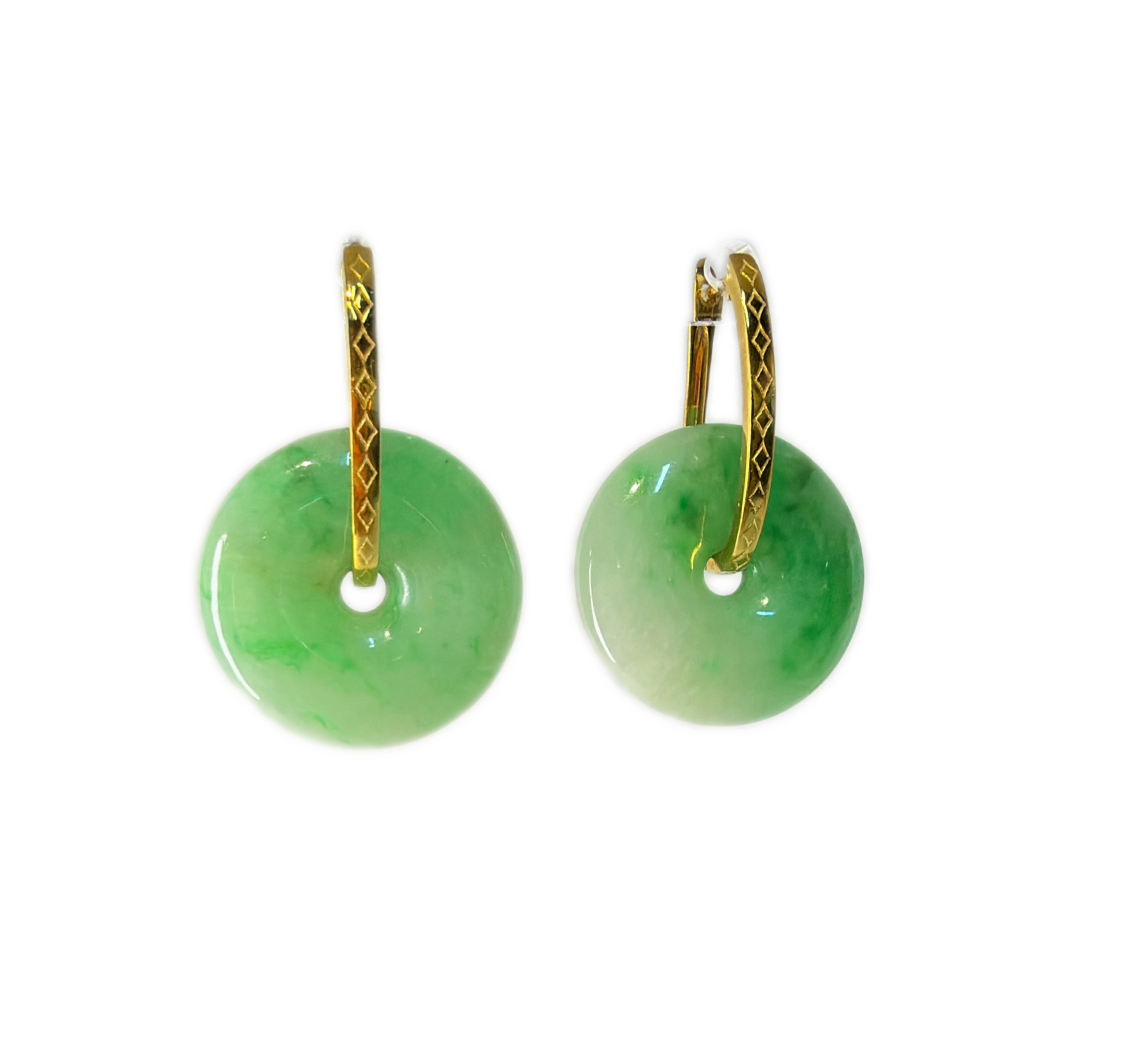 Grade A Burmese Jadeite Green Floating Flower Peace Buckle Earrings-9k gold