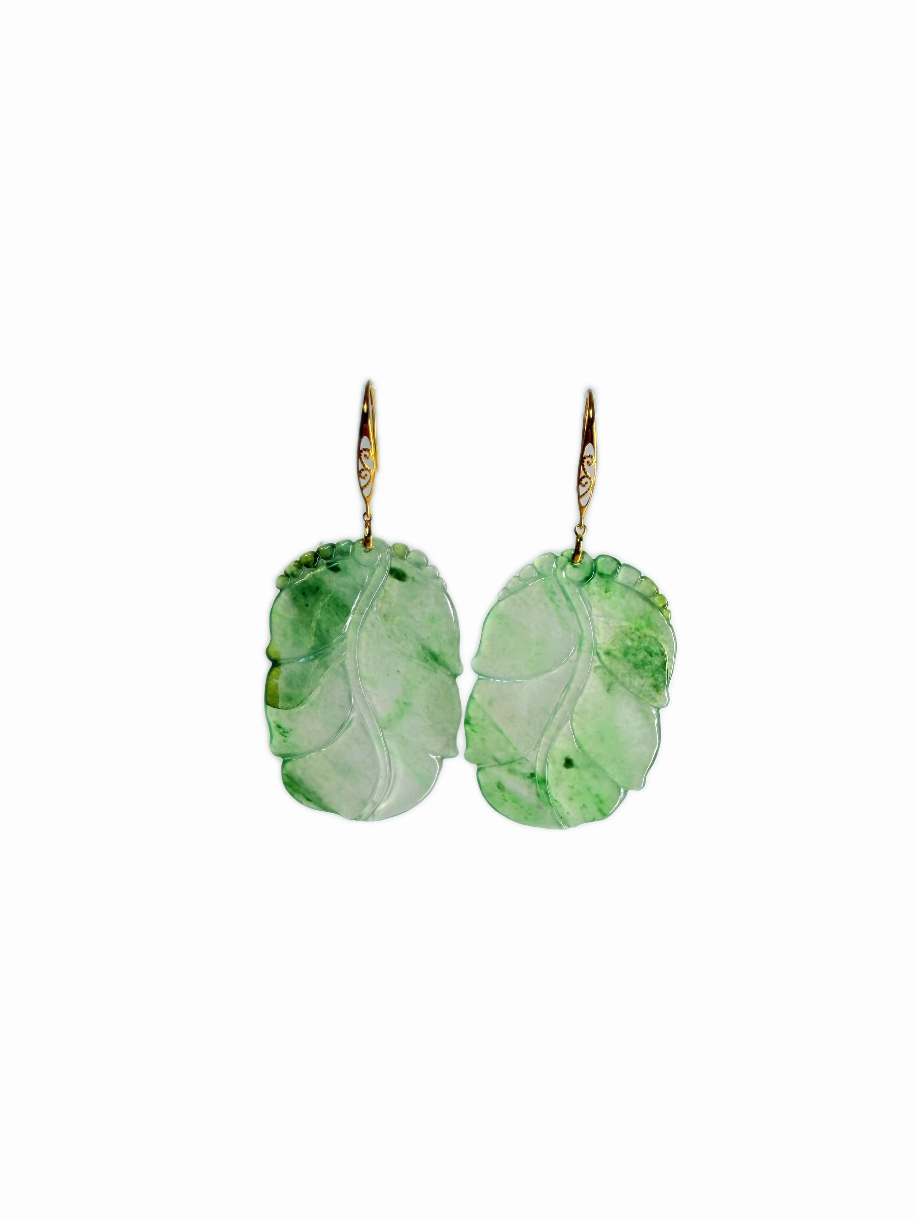 Natural Burmese Type A Jadeite Icy Translucent Floating Green Double Leaf Earrings
