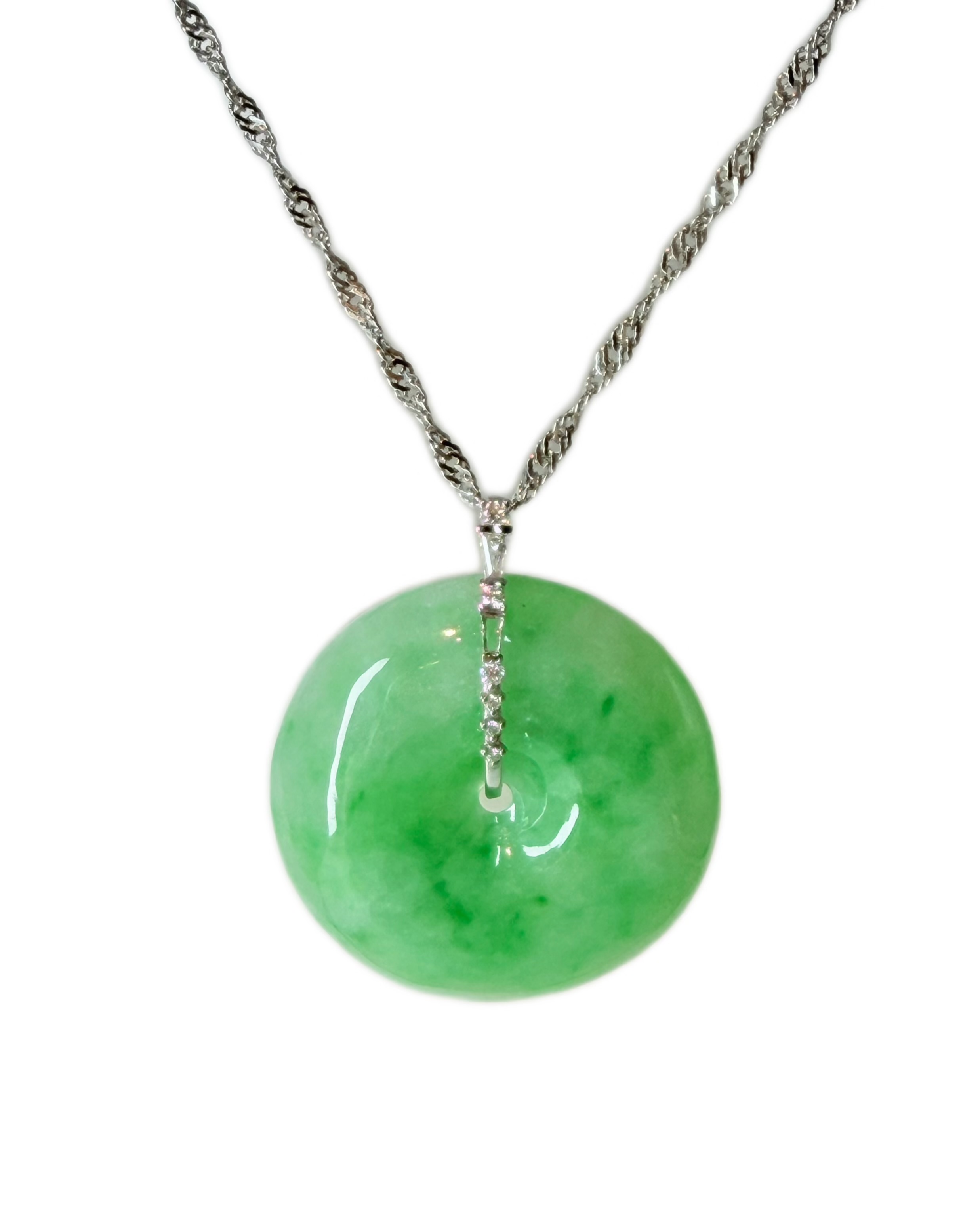Burmese Jadeite Icy Green Ping An Kou Pendant With 18k Gold &Diamond Accents