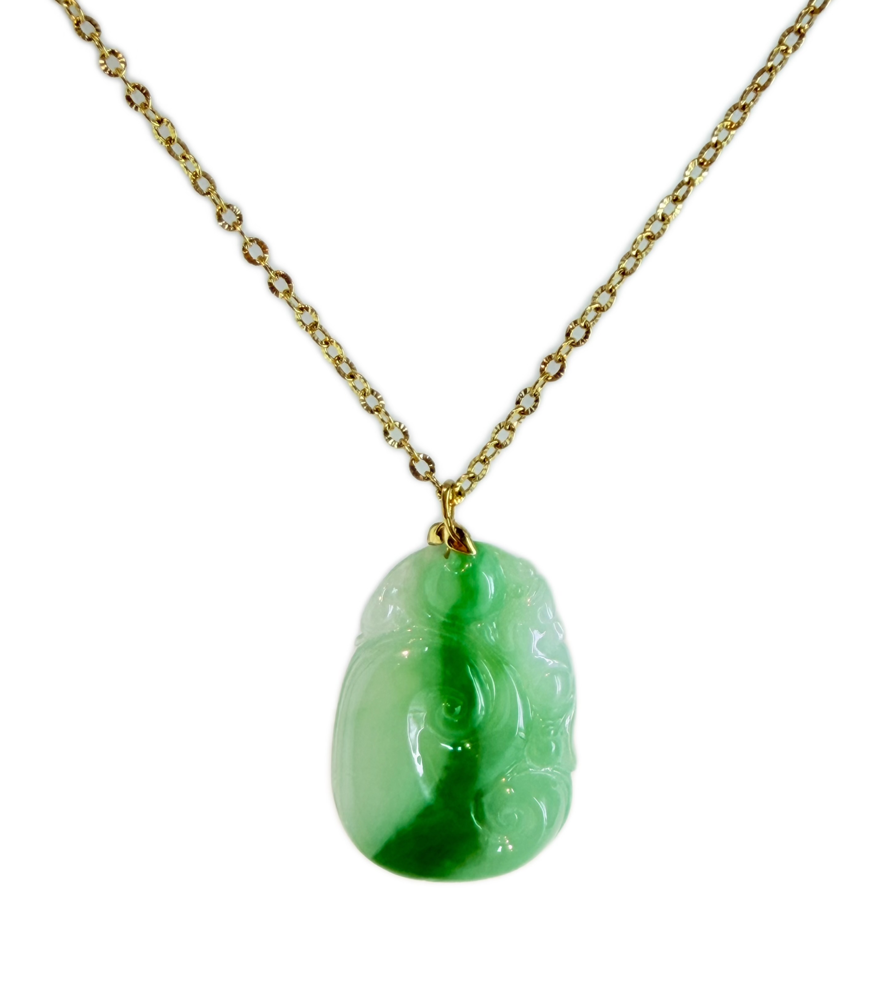 Natural Burmese A Jadeite Icy Deep Green Ruyi Pendant with 18k Gold Bail