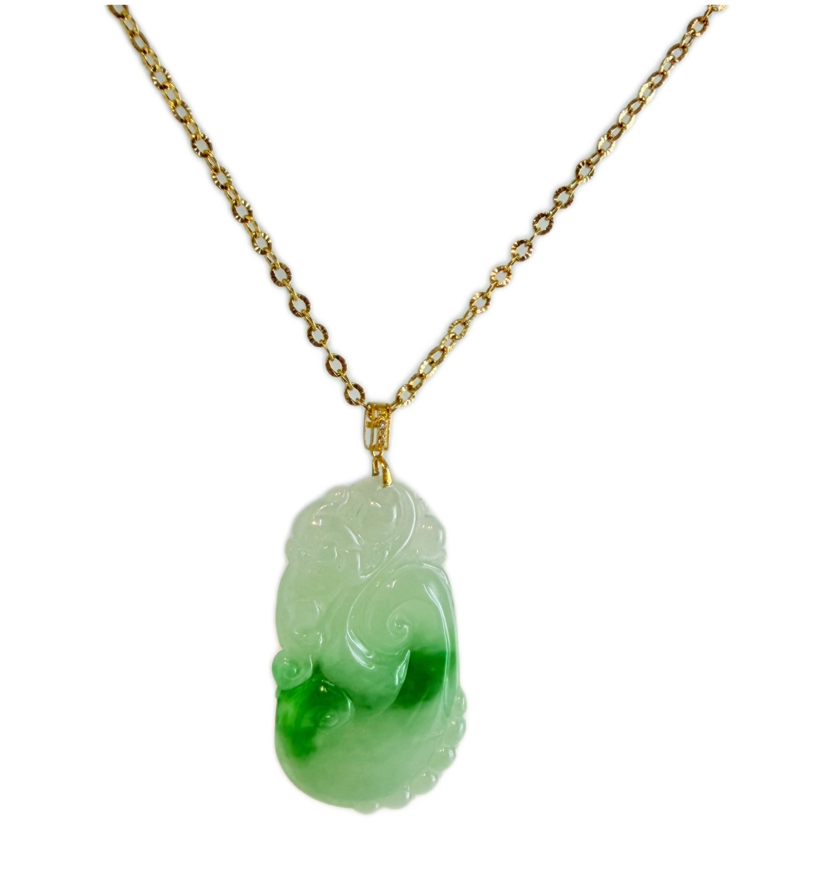 Natural Burmese Icy Green Jadeite Ruyi Pendant with 18K Gold Diamond Bail