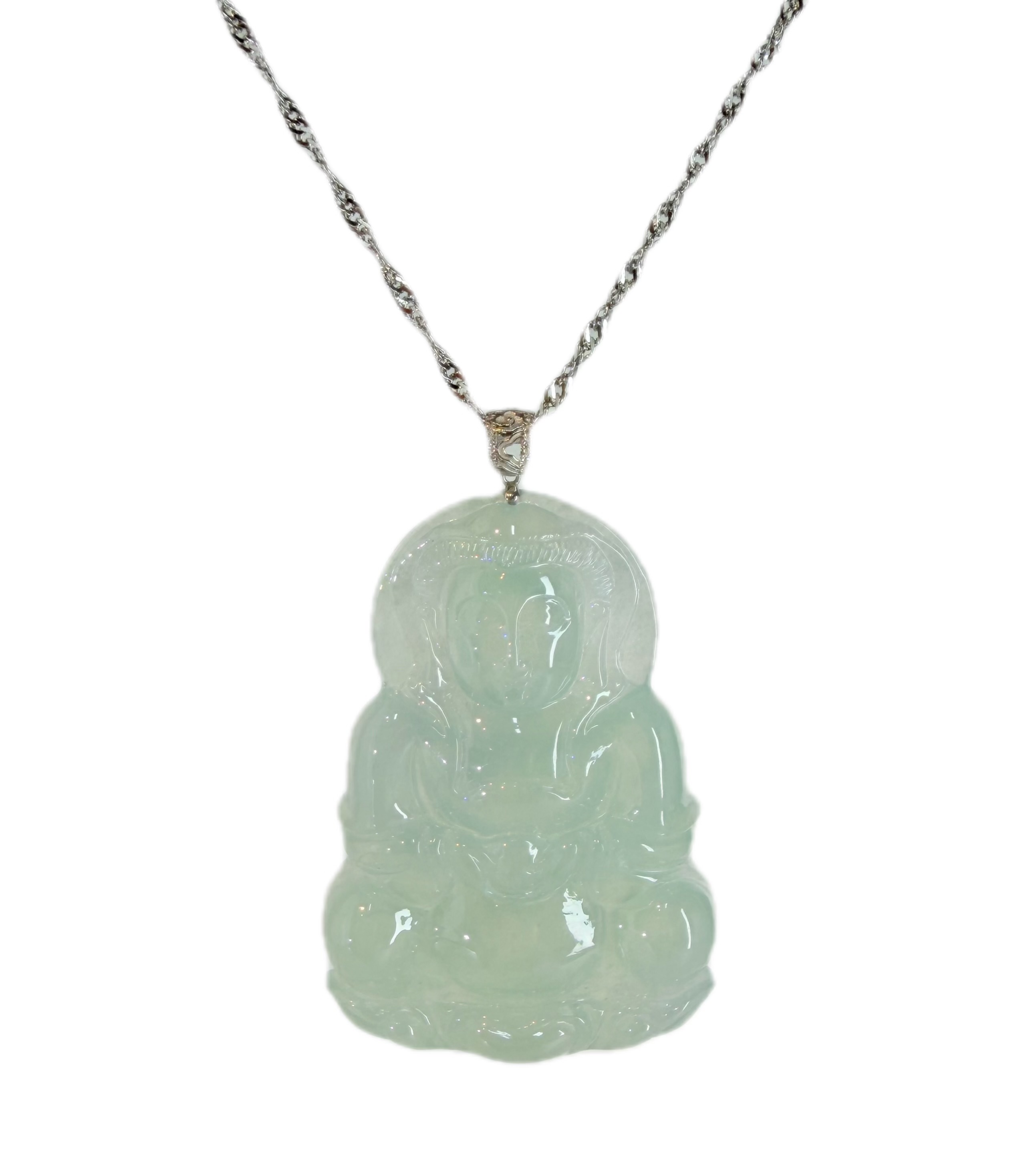 Natural Burmese Icy Green Jadeite Guanyin Pendant with 18K Gold Diamond Bail